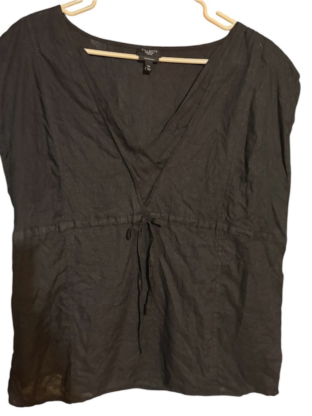 NOT FOR SALE Talbots Women's Black V-Neck Notched Cap Sleeve Linen Blouse